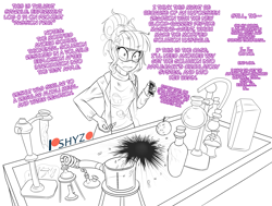 Size: 4317x3263 | Tagged: safe, artist:pshyzomancer, imported from derpibooru, sci-twi, twilight sparkle, equestria girls, apple, beaker, broken glass, chemistry, clothes, commission, food, implied lesbian, implied shipping, implied twijack, lab coat, lineart, messy hair, patreon, patreon logo, phone, safety goggles, scorch marks, solo, torn clothes, wardrobe malfunction