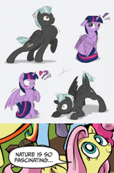 Size: 1495x2268 | Tagged: safe, artist:ravenpuff, imported from derpibooru, fluttershy, thunderlane, twilight sparkle, alicorn, pegasus, pony, :t, behaving like a bird, blushing, chest fluff, confused, courtship, cute, dancing, exploitable meme, eyes on the prize, face down ass up, female, floppy ears, fluffy, lip bite, looking back, male, mare, mating dance, meme, nature is so fascinating, open mouth, pose, raised hoof, shipping, spread wings, stallion, straight, twilane, twilight sparkle (alicorn), wide eyes, wingboner, wings