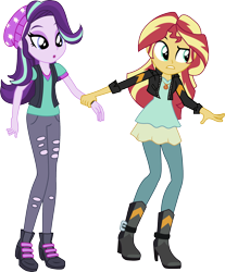 Size: 1638x1980 | Tagged: safe, artist:davidsfire, imported from derpibooru, starlight glimmer, sunset shimmer, equestria girls, mirror magic, spoiler:eqg specials, beanie, boots, clothes, female, geode of empathy, hat, high heel boots, open mouth, pants, shirt, shoes, simple background, transparent background, vector, vest, watch, wristwatch