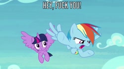 Size: 1280x720 | Tagged: safe, edit, edited screencap, imported from derpibooru, screencap, rainbow dash, twilight sparkle, alicorn, pegasus, pony, the washouts (episode), duo, female, flying, fuck you, mare, twilight sparkle (alicorn), vulgar