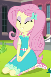 Size: 337x508 | Tagged: safe, imported from derpibooru, screencap, fluttershy, equestria girls, equestria girls series, the finals countdown, clothes, cropped, cute, dress, eyes closed, female, fluttershy boho dress, geode of fauna, legs, shyabetes, skirt, sleeveless, sleeveless dress, smiling, solo