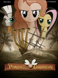 Size: 900x1211 | Tagged: safe, artist:poowis, imported from derpibooru, fluttershy, pinkie pie, zecora, hydra, parasprite, multiple heads, pirates of the caribbean, ship