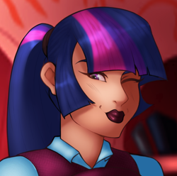 Size: 628x622 | Tagged: safe, artist:antelon, artist:madara, edit, imported from derpibooru, twilight sparkle, human, clothes, female, humanized, lipstick, looking at you, one eye closed, ponytail, school uniform, smiling, solo, wink