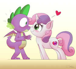 Size: 1800x1650 | Tagged: safe, artist:zelc-face, imported from derpibooru, spike, sweetie belle, dragon, pony, unicorn, blushing, boop, cute, cutie mark, diasweetes, female, filly, heart, looking at each other, male, nervous, shipping, smiling, spikebelle, straight, the cmc's cutie marks, winged spike, wings