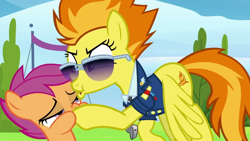 Size: 1280x720 | Tagged: safe, imported from derpibooru, screencap, scootaloo, spitfire, pegasus, pony, the washouts (episode), clothes, duo, faic, female, filly, foal, great moments in animation, mare, out of context, sunglasses, uniform, whistle, wonderbolts dress uniform