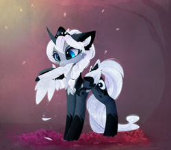 Size: 2118x1858 | Tagged: safe, artist:magnaluna, imported from derpibooru, princess luna, alicorn, pony, zefiros codex, alternate design, alternate hairstyle, alternate universe, body markings, colored wings, colored wingtips, cute, daaaaaaaaaaaw, female, grooming, jewelry, leaves, lunabetes, preening, regalia, scenery, solo, tree, weapons-grade cute