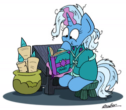 Size: 1674x1475 | Tagged: safe, artist:bobthedalek, imported from derpibooru, trixie, pony, unicorn, amused, atg 2018, bathrobe, bed mane, clothes, dead mare walking, desk, diary, female, giggling, implied starlight glimmer, mare, messy mane, newbie artist training grounds, robe, scroll, simple background, sitting, snickering, solo, stool, this will end in death, this will end in equalization, this will end in gulag, this will end in tears, this will end in tears and/or death, this will not end well, white background