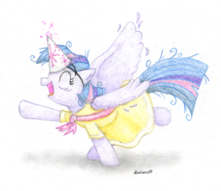 Size: 3221x2782 | Tagged: safe, artist:kirbyliscious, imported from derpibooru, twilight sparkle, alicorn, pony, sweet and elite, clothes, dancing, do the sparkle, dress, eyes closed, female, hat, looking up, majestic as fuck, mare, party hat, signature, simple background, solo, traditional art, twilight sparkle (alicorn), white background