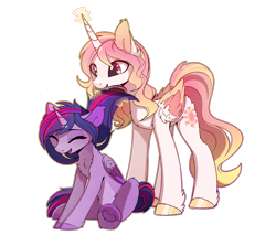 Size: 1810x1545 | Tagged: safe, artist:magnaluna, imported from derpibooru, princess celestia, twilight sparkle, alicorn, pony, alternate design, alternate hairstyle, brush, brushie, chest fluff, cute, cutelestia, daaaaaaaaaaaw, ear fluff, female, happy, heart, heart hoof, hoof heart, laughing, lesbian, levitation, magic, magnaluna is trying to murder us, missing accessory, shipping, simple background, telekinesis, transparent background, twilestia, twilight sparkle (alicorn), weapons-grade cute, wholesome, wingding eyes