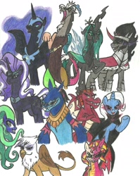 Size: 1700x2136 | Tagged: safe, artist:knightdemon, imported from derpibooru, ahuizotl, discord, garble, gilda, king sombra, mane-iac, nightmare moon, nightmare rarity, queen chrysalis, sunset shimmer, trixie, draconequus, griffon, pony, unicorn, alicorn amulet, antagonist, simple background, traditional art, white background