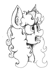 Size: 766x1043 | Tagged: safe, artist:paskanaakka, derpibooru exclusive, imported from derpibooru, oc, oc only, oc:midnight dew, pony, unicorn, black and white, bust, ear fluff, female, grayscale, mare, monochrome, portrait, shocked, solo, traditional art