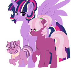 Size: 1000x940 | Tagged: safe, artist:rosebuddity, imported from derpibooru, cheerilee, twilight sparkle, oc, oc:lilac radiance, alicorn, earth pony, pony, unicorn, cheerilight, family, female, filly, glasses, height difference, lesbian, magical lesbian spawn, mare, missing cutie mark, offspring, parent:cheerilee, parent:twilight sparkle, parents:cheerilight, shipping, simple background, twilight sparkle (alicorn), white background