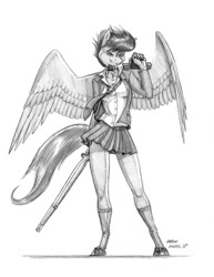 Size: 1060x1375 | Tagged: safe, artist:baron engel, imported from derpibooru, scootaloo, anthro, unguligrade anthro, clothes, female, grayscale, legs, miniskirt, monochrome, older, older scootaloo, pencil drawing, pleated skirt, school uniform, shinai, shoes, simple background, skirt, skirt lift, skirtaloo, socks, solo, sword, thighs, traditional art, weapon, white background