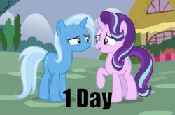 Size: 763x502 | Tagged: safe, edit, edited screencap, imported from derpibooru, screencap, starlight glimmer, trixie, pony, unicorn, all bottled up, road to friendship, season 8, spoiler:s08, animated, countdown, cute, duo, duo female, female, gif, happy, hug, mare, ponyville, text, this will end in trixie