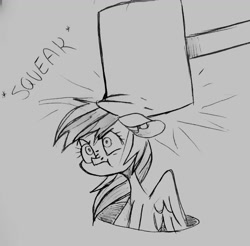 Size: 1256x1238 | Tagged: safe, artist:smirk, imported from derpibooru, rainbow dash, derp, hammer, monochrome, squeak, traditional art, whack a mole