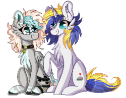 Size: 360x280 | Tagged: safe, artist:woonborg, imported from derpibooru, oc, oc only, oc:double play, oc:wulfie shy, pegasus, pony, unicorn, :p, animated, boop, chest fluff, commission, digital art, duo, ear fluff, female, glasses, happy, jewelry, looking at each other, mare, necklace, pixel art, silly, simple background, sitting, smiling, tongue out, transparent background