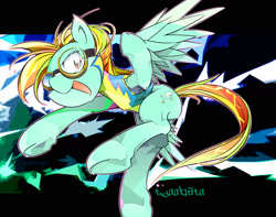 Size: 1600x1262 | Tagged: safe, artist:tyuubatu, imported from derpibooru, lightning dust, pegasus, pony, clothes, female, goggles, mare, open mouth, solo, underhoof, uniform, wonderbolts uniform