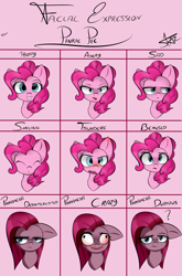 Size: 2800x4250 | Tagged: safe, artist:starmaster, imported from derpibooru, pinkie pie, pony, angry, bemused, crazy face, disinterested, expressions, faic, female, happy, pinkamena diane pie, practice, sad, smiling, solo, tsundere