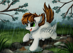 Size: 2494x1816 | Tagged: safe, artist:pridark, imported from derpibooru, oc, oc only, pegasus, pony, chest fluff, commission, grass, green eyes, open mouth, path, puddle, rain, solo, tree branch, water