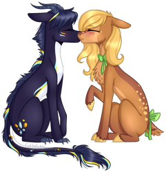 Size: 985x1023 | Tagged: safe, artist:sychia, imported from derpibooru, oc, oc only, oc:azurite, oc:azurite floss, oc:olive branch, deer pony, dracony, hybrid, original species, blushing, commission, couple, eyes closed, female, gift art, kissing, male, mare, oc x oc, olite, shipping, simple background, stallion, straight, transparent background