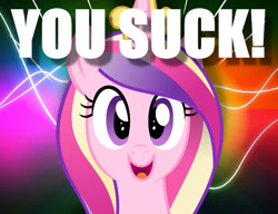 Size: 787x605 | Tagged: safe, imported from derpibooru, princess cadance, alicorn, pony, demotivational, dissonant caption, female, image macro, mare, meme, out of character, reaction image, solo, text, you suck