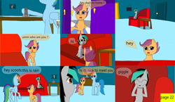 Size: 3648x2112 | Tagged: safe, artist:mellowbomb, imported from derpibooru, rainbow dash, scootaloo, oc, oc:closingrain, comic:calamity fateful, 1000 hours in ms paint, dialogue