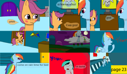 Size: 3648x2112 | Tagged: safe, artist:mellowbomb, imported from derpibooru, rainbow dash, scootaloo, oc, oc:closingrain, comic:calamity fateful, 1000 hours in ms paint, dialogue