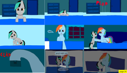 Size: 3648x2112 | Tagged: safe, artist:mellowbomb, imported from derpibooru, rainbow dash, oc, oc:closingrain, comic:calamity fateful, 1000 hours in ms paint, dialogue