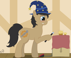 Size: 3114x2564 | Tagged: safe, artist:cogsfixmore, imported from derpibooru, oc, oc only, oc:cogs fixmore, earth pony, pony, box, cute, cutie mark, food, hat, high res, muffin, solo, wand, wizard hat