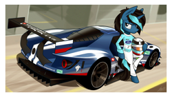 Size: 1920x1080 | Tagged: safe, artist:dori-to, imported from derpibooru, oc, oc:midnite bastion, anthro, unicorn, car, commission, ford, ford gt, ford gt lm gte, gte pro, helmet, le mans, male, matech, motorsport, race track, racecar, racing suit, sponsors, stallion, supercar, swiss