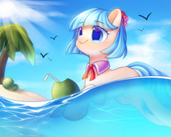 Size: 2500x2000 | Tagged: safe, artist:leafywind, imported from derpibooru, coco pommel, bird, earth pony, pony, beach, blushing, clothes, cloud, cocobetes, coconut, coconut cup, cute, drink, female, flower, flower in hair, food, fruit, mare, missing cutie mark, necktie, outdoors, palm tree, partially submerged, sand, sky, smiling, solo, starry eyes, stars, straw, swimming, tree, water, wingding eyes