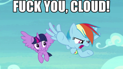 Size: 1280x720 | Tagged: safe, edit, edited screencap, editor:anonycat, imported from derpibooru, screencap, rainbow dash, twilight sparkle, alicorn, pegasus, pony, the washouts (episode), duo, female, flying, mare, meme, text, twilight sparkle (alicorn), vulgar