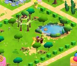 Size: 1033x884 | Tagged: safe, imported from derpibooru, carrot cake, earth pony, pony, bush, cropped, desk, funny, game, gameloft, garden, inspiration, lol, park, pond, relaxing, sitting, tree