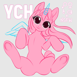 Size: 700x700 | Tagged: safe, artist:yasuokakitsune, imported from derpibooru, alicorn, pony, advertisement, commission, cute face, looking at you, on back, smiling, solo, your character here