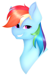 Size: 1024x1576 | Tagged: safe, artist:xx-nocturnalskies-xx, imported from derpibooru, rainbow dash, pony, bust, female, portrait, simple background, smiling, smirk, solo, transparent background