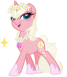 Size: 656x745 | Tagged: safe, artist:bluemoondiancie, artist:lavaroses, artist:melodysweetheart, imported from derpibooru, oc, oc only, oc:sunny springs, pony, unicorn, icey-verse, base used, bedroom eyes, clothes, female, floral head wreath, floral necklace, flower, flower necklace, hippie, hippy, hoof shoes, jewelry, magical lesbian spawn, mare, mercedes symbol mistaken for peace sign, necklace, next generation, offspring, open mouth, parent:lily lace, parent:sunshine smiles, parents:sunlace, peace sign, shoes, simple background, solo, valley girl, white background