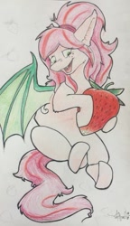 Size: 365x635 | Tagged: safe, artist:scruffy-scribbles, imported from derpibooru, oc, oc only, bat pony, pony, food, solo, strawberry, traditional art