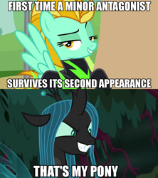 Size: 1280x1440 | Tagged: safe, edit, edited screencap, imported from derpibooru, screencap, lightning dust, queen chrysalis, changeling, changeling queen, pegasus, pony, the mean 6, the washouts (episode), antagonist, evil, female, grin, image macro, mare, meme, smiling, smirk, smug, text, that's my pony, that's my x, washouts uniform, wings