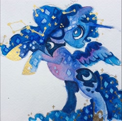 Size: 1283x1279 | Tagged: safe, artist:analioth, imported from derpibooru, princess luna, alicorn, pony, diamond eyes, female, looking back, mare, simple background, solo, watercolor painting, white background, wingding eyes