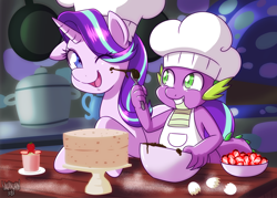 Size: 4000x2857 | Tagged: safe, artist:danmakuman, imported from derpibooru, spike, starlight glimmer, dragon, pony, unicorn, apron, baby, baby dragon, baking, bowl, cake, chef's hat, chocolate, clothes, commission, cooking, cute, dessert, duo, egg, egg shells, female, flour, food, friendshipping, frosting, gem, glimmerbetes, hair flip, hair over one eye, hat, high res, jewels, kitchen, male, mare, messy, one eye closed, open mouth, pans, playful, pot, signature, spikabetes, spoon, strawberry, twilight's castle