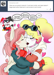 Size: 2341x3236 | Tagged: safe, artist:blackbewhite2k7, imported from derpibooru, fluttershy, pinkie pie, unicorn, ask the gothamville sirens, alternate hair color, alternate hairstyle, alternate universe, ask, batman, blushing, clothes, cosplay, costume, crossover, dc bombshells, dc comics, denial, female, flutterpie, harley quinn, kiss on the lips, kissing, lesbian, parody, pinkie quinn, poison ivy, poison ivyshy, shipping, tumblr