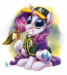 Size: 2500x2800 | Tagged: safe, artist:whitediamonds, imported from derpibooru, rarity, pony, unicorn, baseball, baseball cap, button-up shirt, cap, clothes, cute, eye black (makeup), eyeshadow, face paint, female, flag, grin, hat, hoof hold, looking at you, makeup, mare, mlb, oakland athletics, raribetes, shirt, sitting, smiling, solo, sports