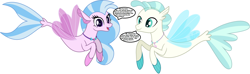 Size: 2134x631 | Tagged: safe, imported from derpibooru, silverstream, terramar, seapony (g4), school daze, season 8, surf and/or turf, brother, brother and sister, cute, diastreamies, female, jewelry, male, necklace, pearl necklace, seapony silverstream, simple background, sister, speech bubble, terrabetes, text, white background