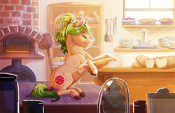 Size: 1600x1035 | Tagged: safe, artist:earthsong9405, imported from derpibooru, oc, oc only, oc:dutch apple, earth pony, pony, baker, bakery, bread, commission, dishes, food, lidded eyes, morning, muffin, pie, ponytail, realistic horse legs, rolling pin, sink, smiling, solo, speedpaint, tail wrap