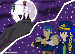 Size: 2506x1794 | Tagged: safe, artist:trungtranhaitrung, imported from derpibooru, adagio dazzle, aria blaze, flash sentry, sonata dusk, equestria girls, battle tendency, clothes, cosplay, costume, crossover, equestria girls-ified, full moon, hill, hokuto no ken, jojo's bizarre adventure, jonathan joestar, jotaro kujo, kenshiro, mare in the moon, menacing, moon, pillar men, sonic the hedgehog, sonic the hedgehog (series), stardust crusaders, the dazzlings, the trix, to be continued (meme), winx club