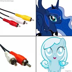 Size: 800x800 | Tagged: source needed, useless source url, safe, artist:mlpfbismagic, imported from derpibooru, princess luna, oc, oc:snowdrop, alicorn, pegasus, pony, blind joke, female, filly, mare, meme, rca connector, simple background, we are going to hell, white background