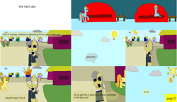 Size: 3648x2112 | Tagged: safe, artist:mellowbomb, imported from derpibooru, carrot top, golden harvest, rainbow dash, oc, oc:cloudy weathers, comic:calamity fateful, 1000 hours in ms paint, dialogue