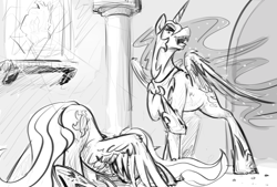 Size: 1324x896 | Tagged: safe, artist:testostepone, imported from derpibooru, nightmare moon, princess celestia, gloating, laughing, sketch