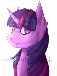 Size: 768x1024 | Tagged: safe, artist:0bloodyscene, imported from derpibooru, twilight sparkle, pony, curved horn, female, looking at you, mare, obtrusive watermark, simple background, smiling, solo, watermark, white background