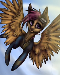 Size: 720x900 | Tagged: safe, artist:0bloodyscene, imported from derpibooru, scootaloo, pegasus, pony, clothes, ear fluff, female, flying, goggles, mare, older, raised eyebrow, scootaloo can fly, solo, spread wings, uniform, wings, wonderbolts uniform